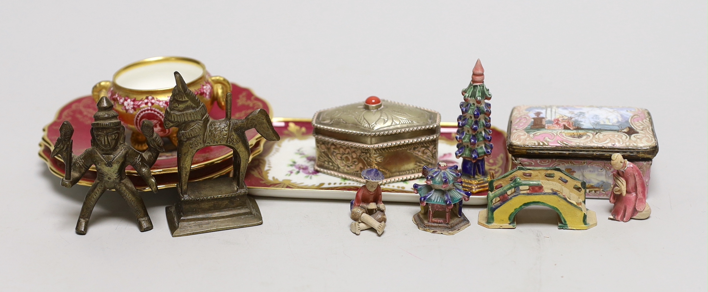 A 19th century enamel box, a Limoges pin tray and two miniature plates etc